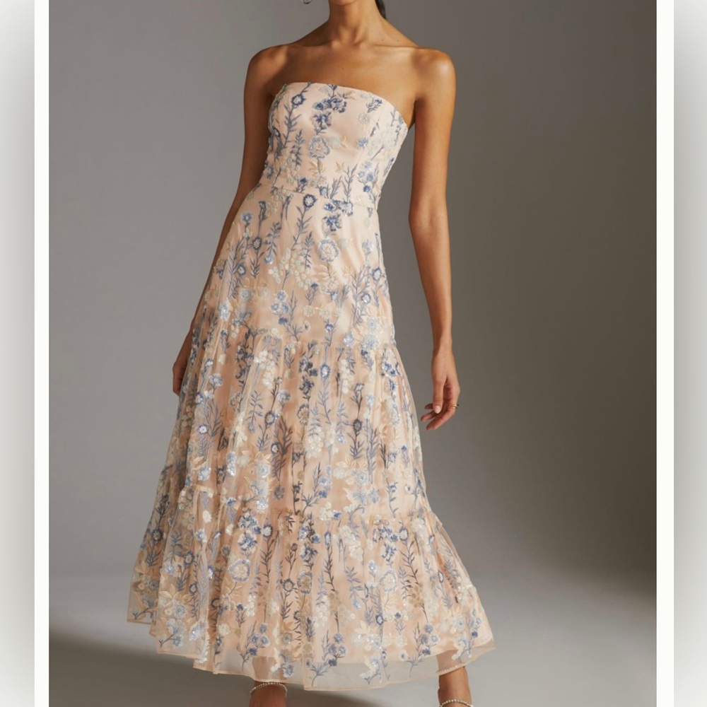 Shoshanna Strapless Blush Pink Blue Floral Maxi Dress for Anthropologie